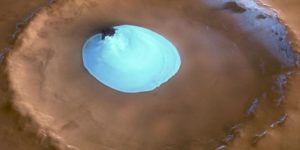 Image of water ice sitting in a Martian crater