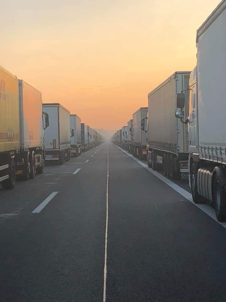 A queue of trucks on the Polish border (Zgorzelec).