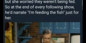 Mr.+Rogers+is+feeding+the+fish.
