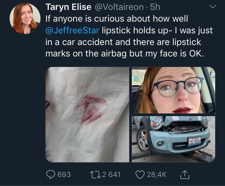 Made out with an airbag...  Lipstick checks out.