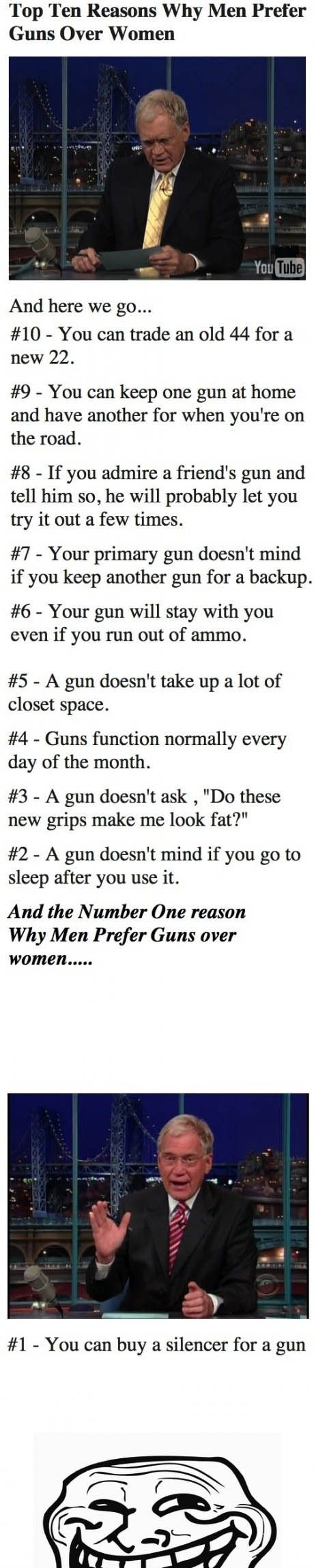 Top ten reasons why men prefer guns to women.