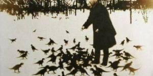 Babushka feeding three-eyed Chernobyl pigeons