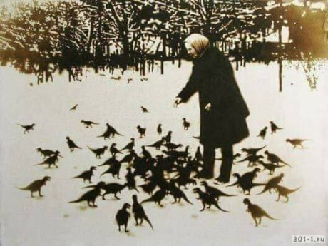 Babushka feeding three-eyed Chernobyl pigeons