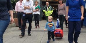 Elliott leaving Great Ormond Street Hospital after his heart transplant.