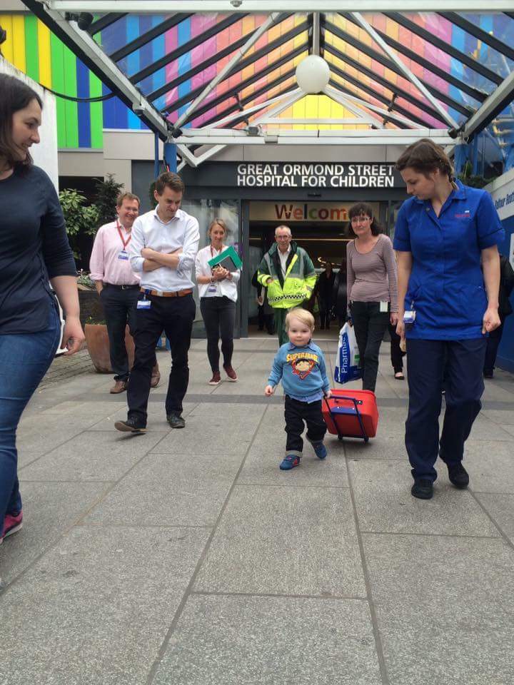 Elliott leaving Great Ormond Street Hospital after his heart transplant.