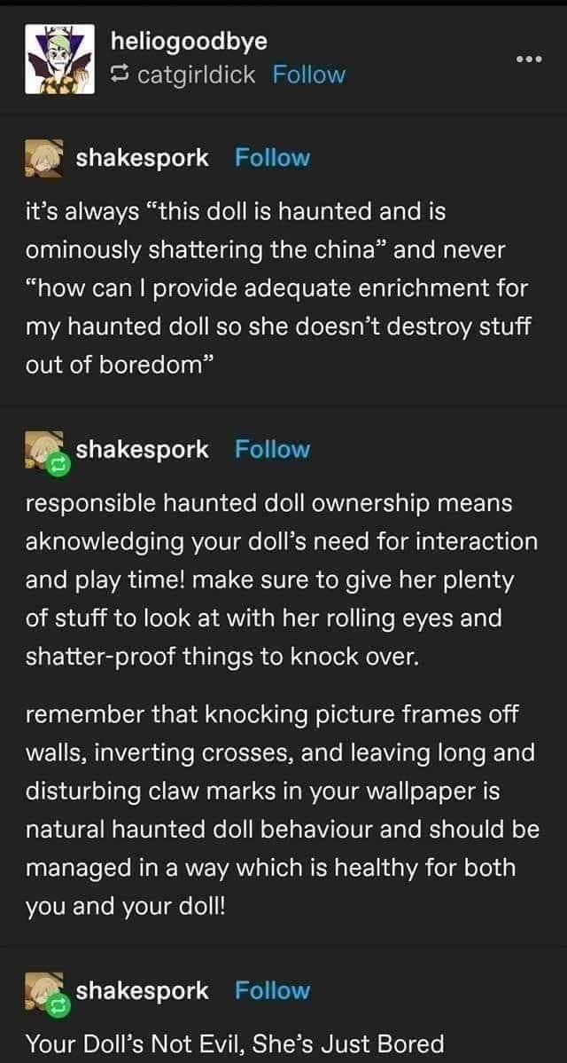 your haunted doll isn't evil, it just needs enrichment activities