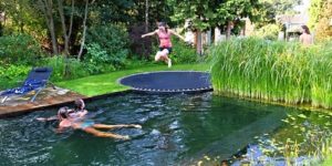 Just a pool disguised as a pond… with a trampoline.