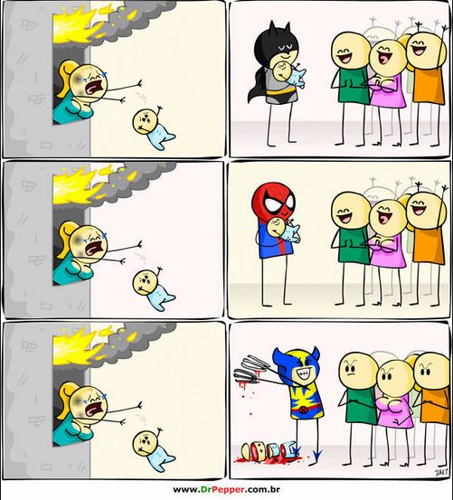 Batman vs. Spiderman vs. Wolverine.