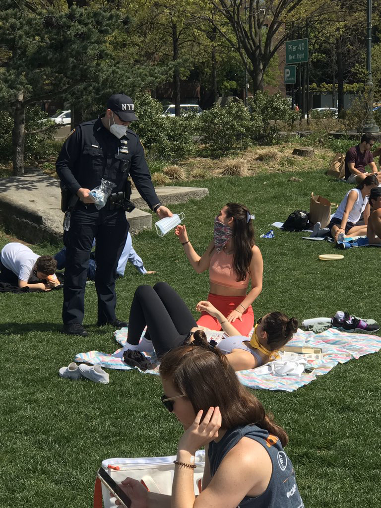 NYPD handing out masks at Hudson River Park