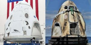 Crew Dragon capsule before and after a trip to the ISS.