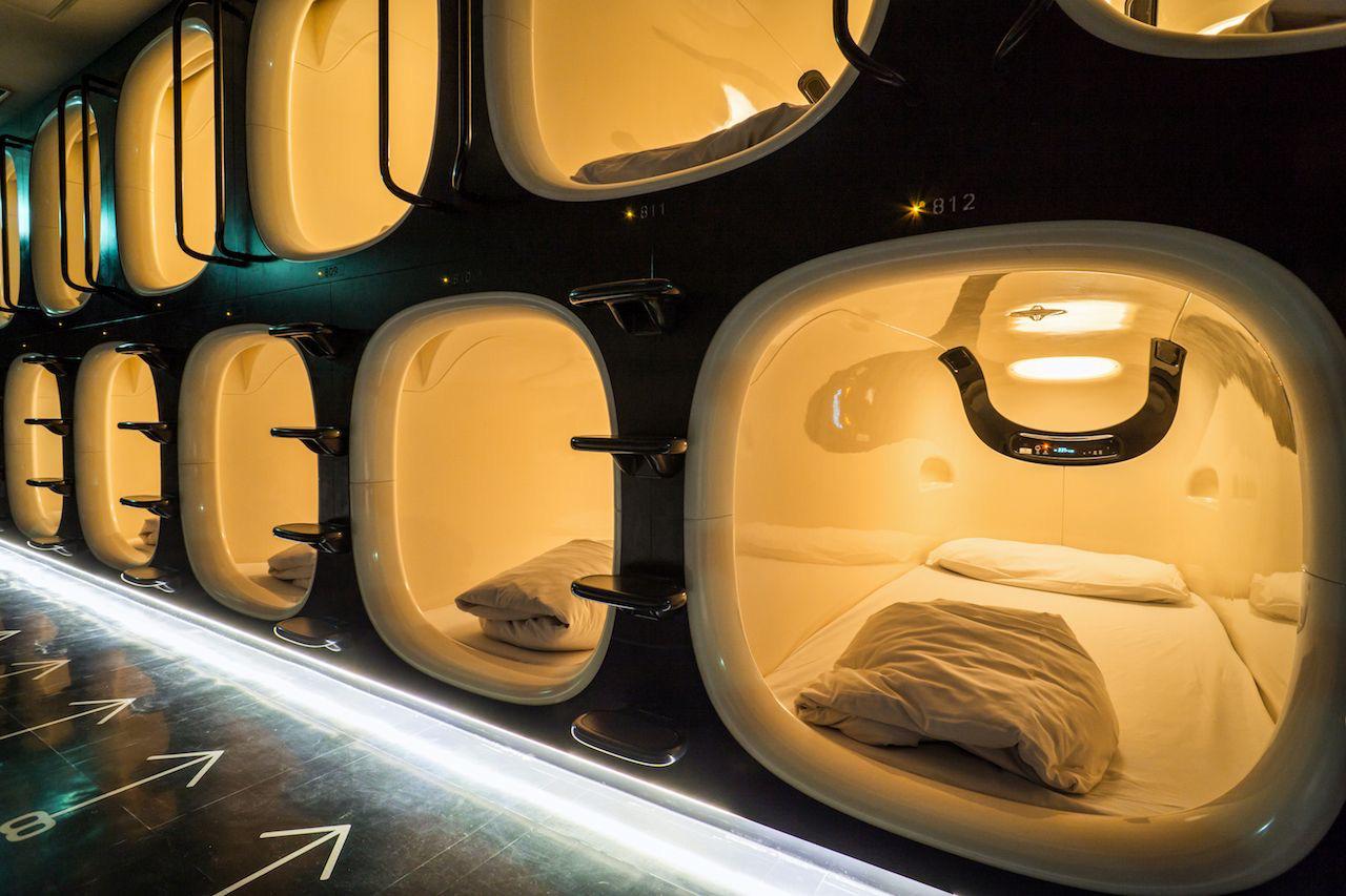 Sleep Pods in a Japanese capsule hotel.