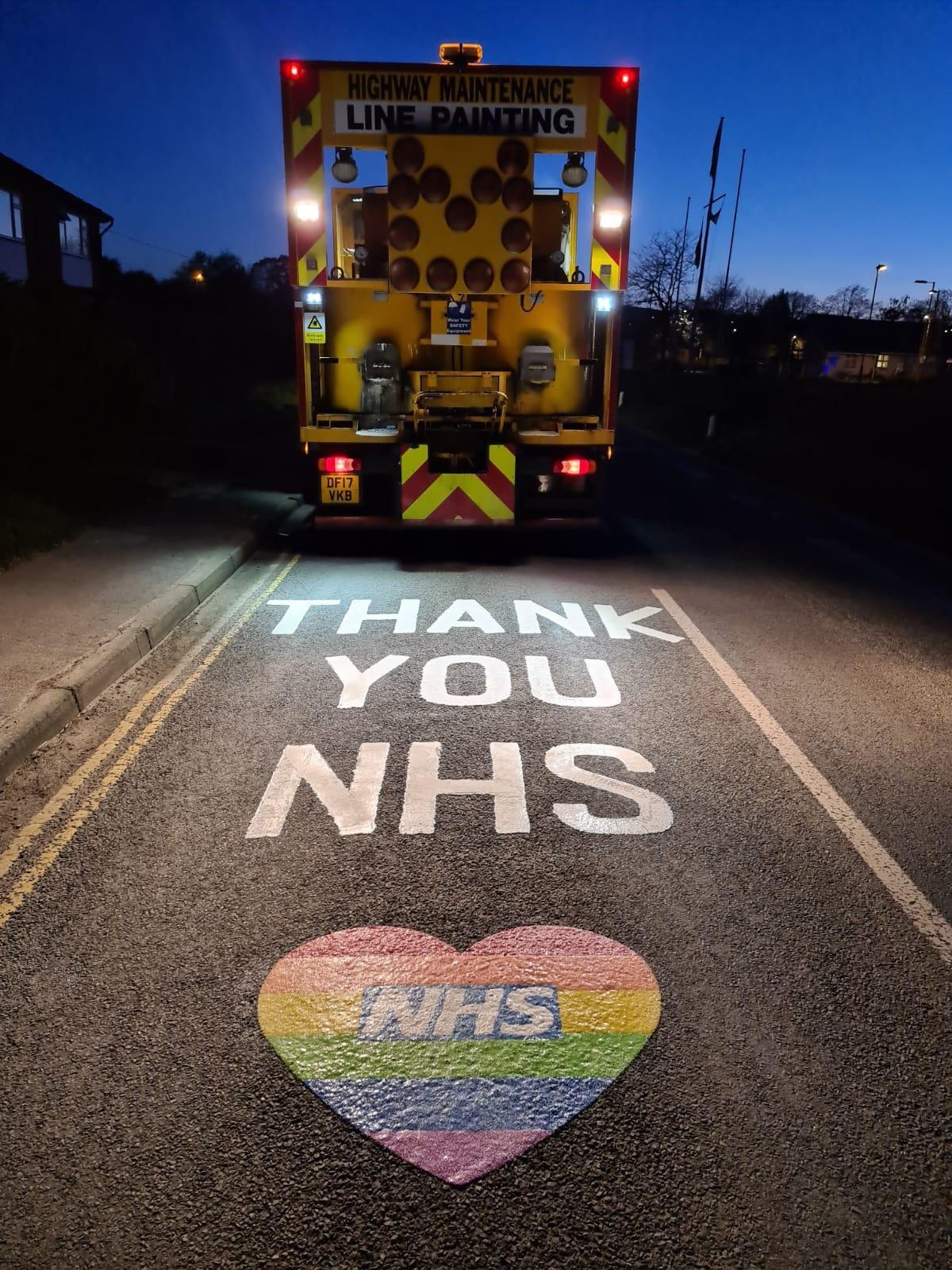Highway team painting a special message on roads throughout the county of Shropshire, UK