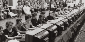 Gamers participating in the Space Invaders Championship, which was the first major video game tournament in history