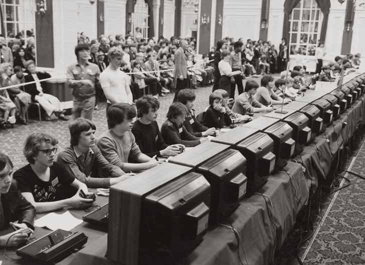 Gamers participating in the Space Invaders Championship, which was the first major video game tournament in history