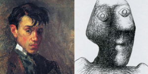 The first and last self-portrait of Pablo Picasso, circas 1896 and 1972.