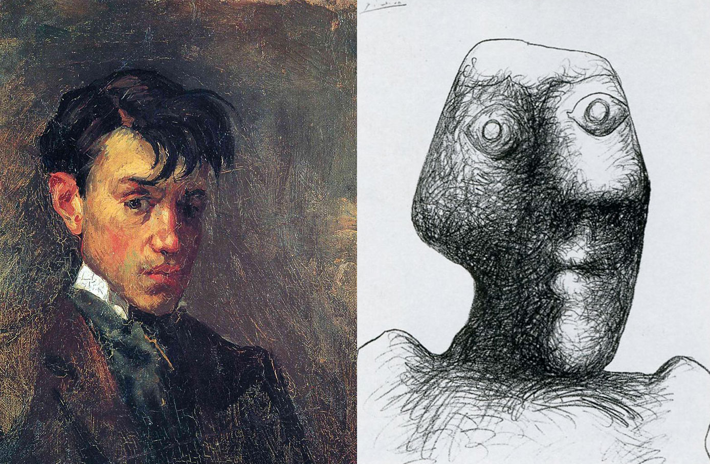 The first and last self-portrait of Pablo Picasso, circas 1896 and 1972.