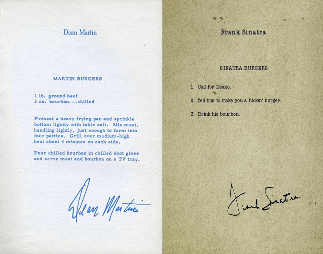 Dean Martin and Frank Sinatra's recipes for hamburgers.