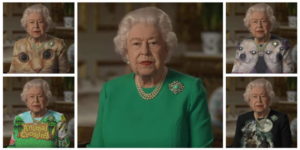 The queen’s outfit used as a green screen, for fun and profit.