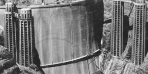 The back of the Hoover Dam before it filled with water, circa 1936.