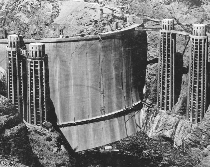 The back of the Hoover Dam before it filled with water, circa 1936.