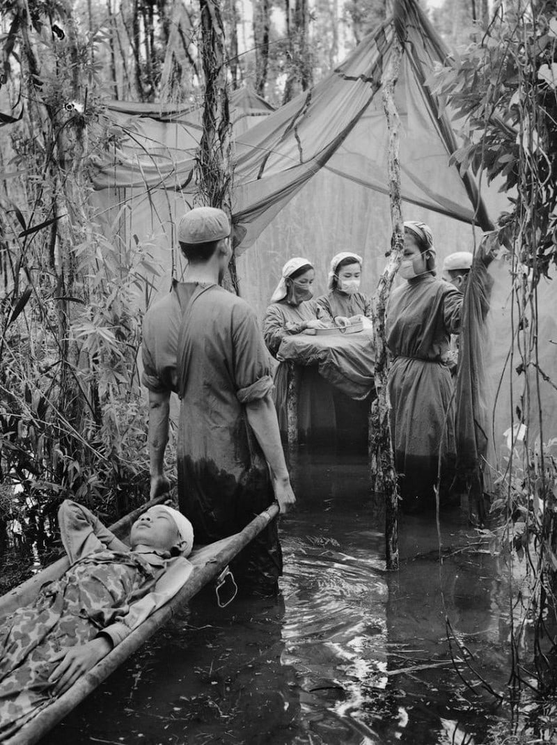A pop-up hospital in the swamp, Vietnam, circa 1972.