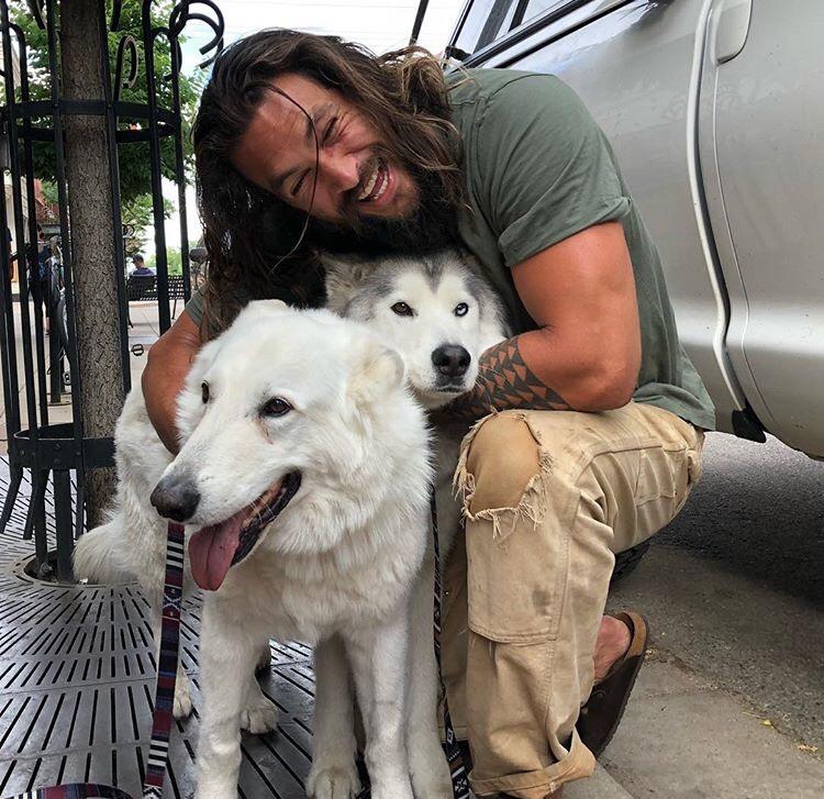 Jason Momoa hugging some dire wolves.