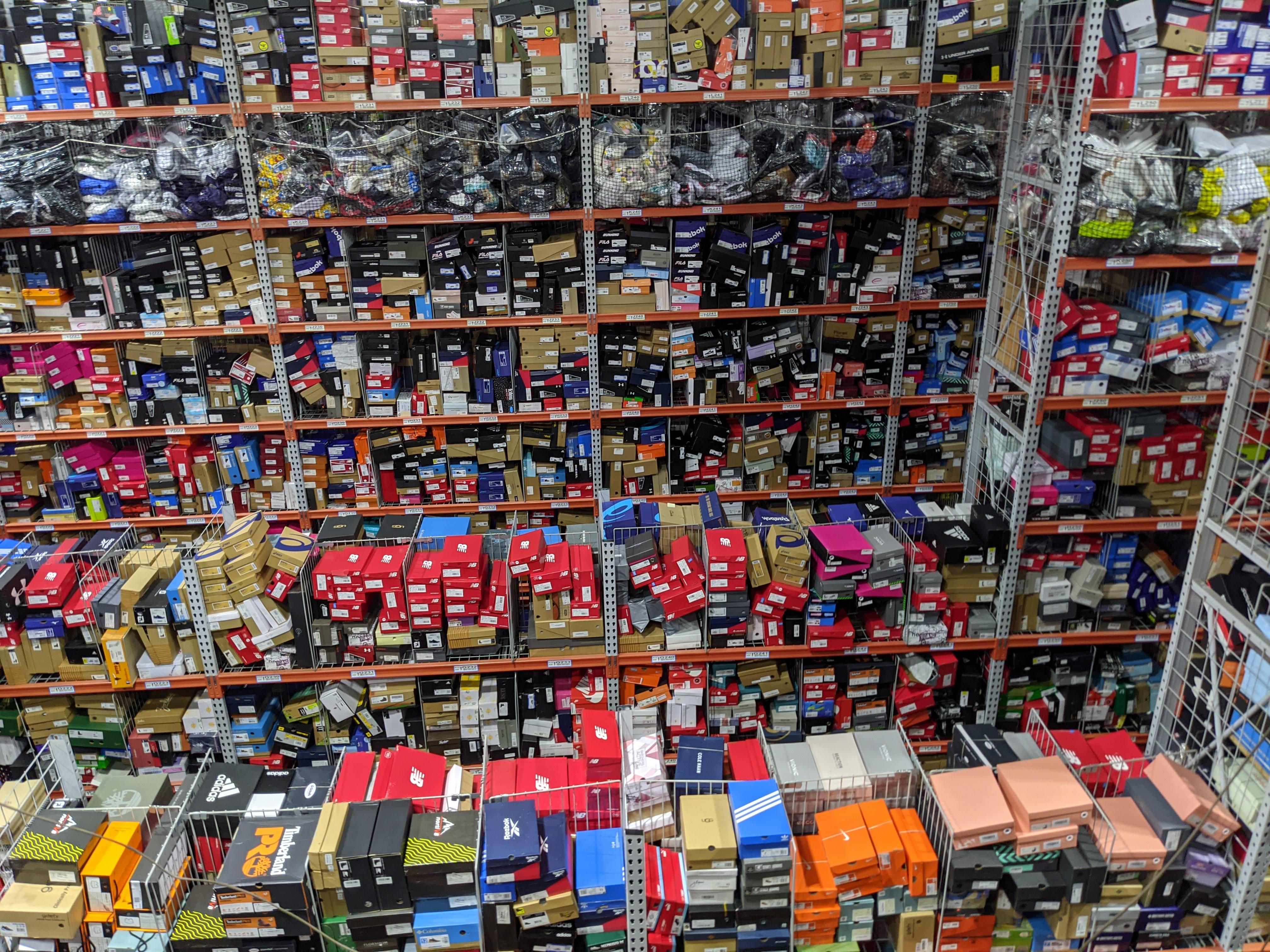 The shoe section of an Amazon fulfillment centre. 