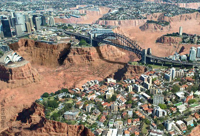 Sydney harbour sans water.