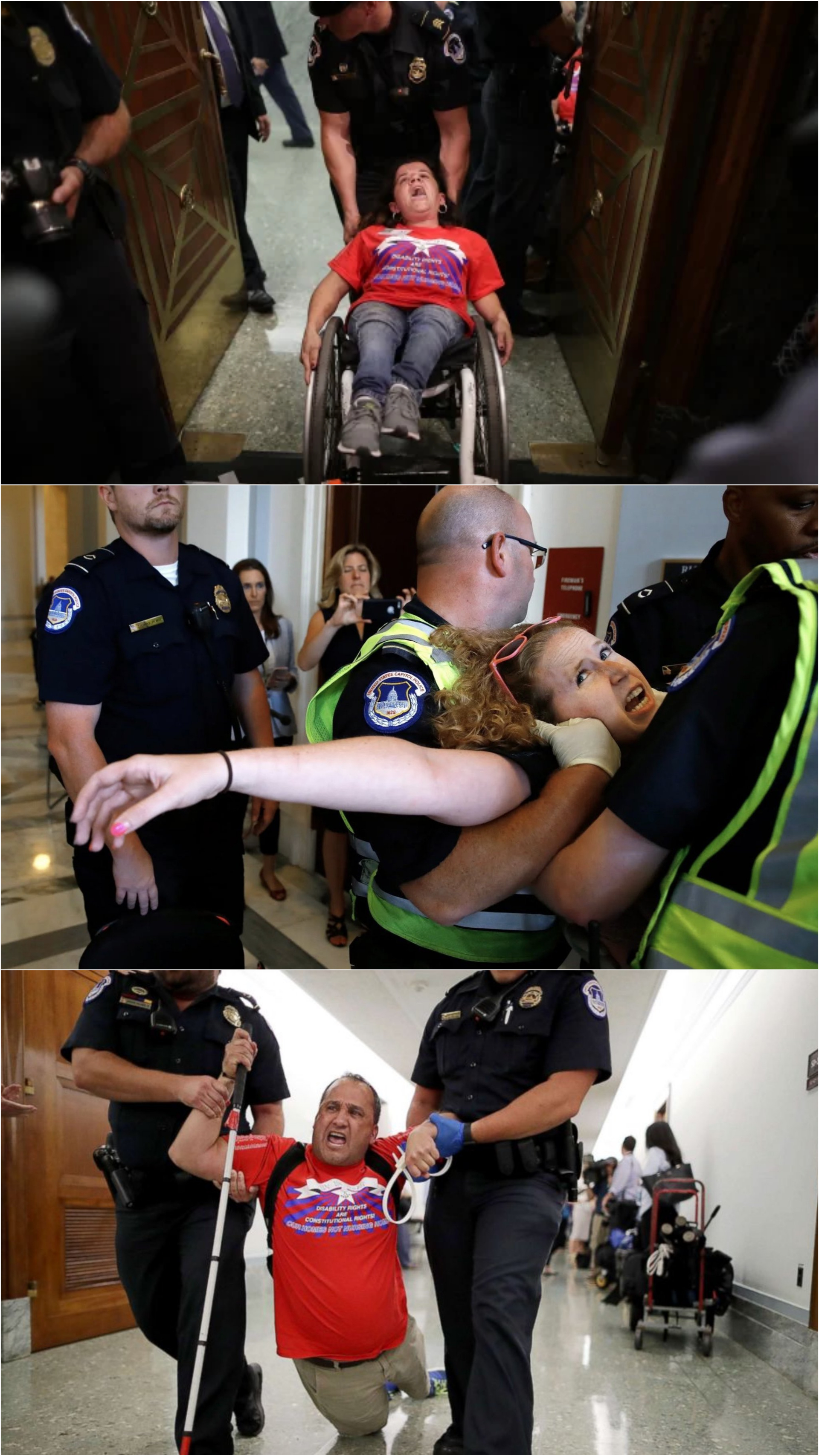 Capitol police removing disabled people as they protest healthcare changes, circa 2017. 