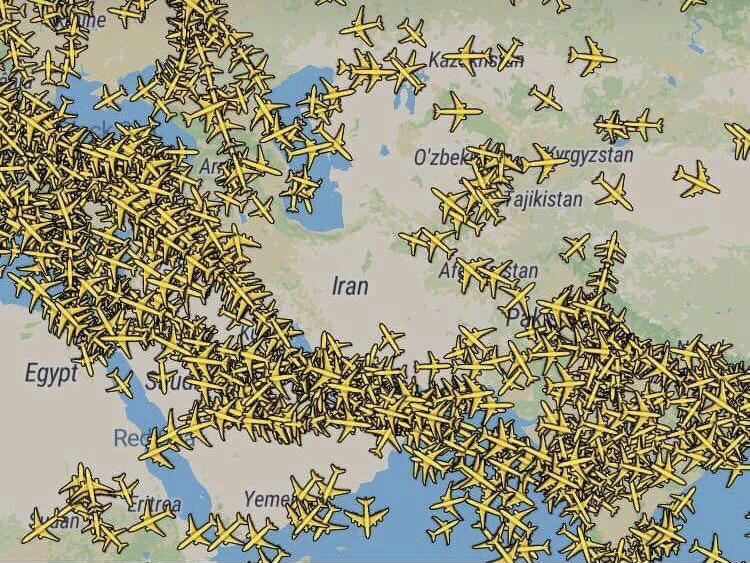 Flights around the world, dodging Iran.