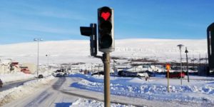 Traffic lights in Akureyri, Iceland.