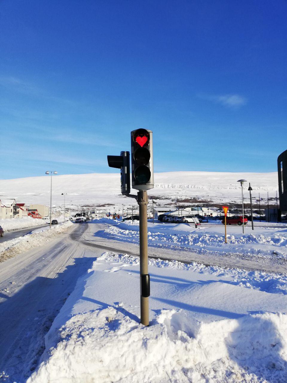 Traffic lights in Akureyri, Iceland.
