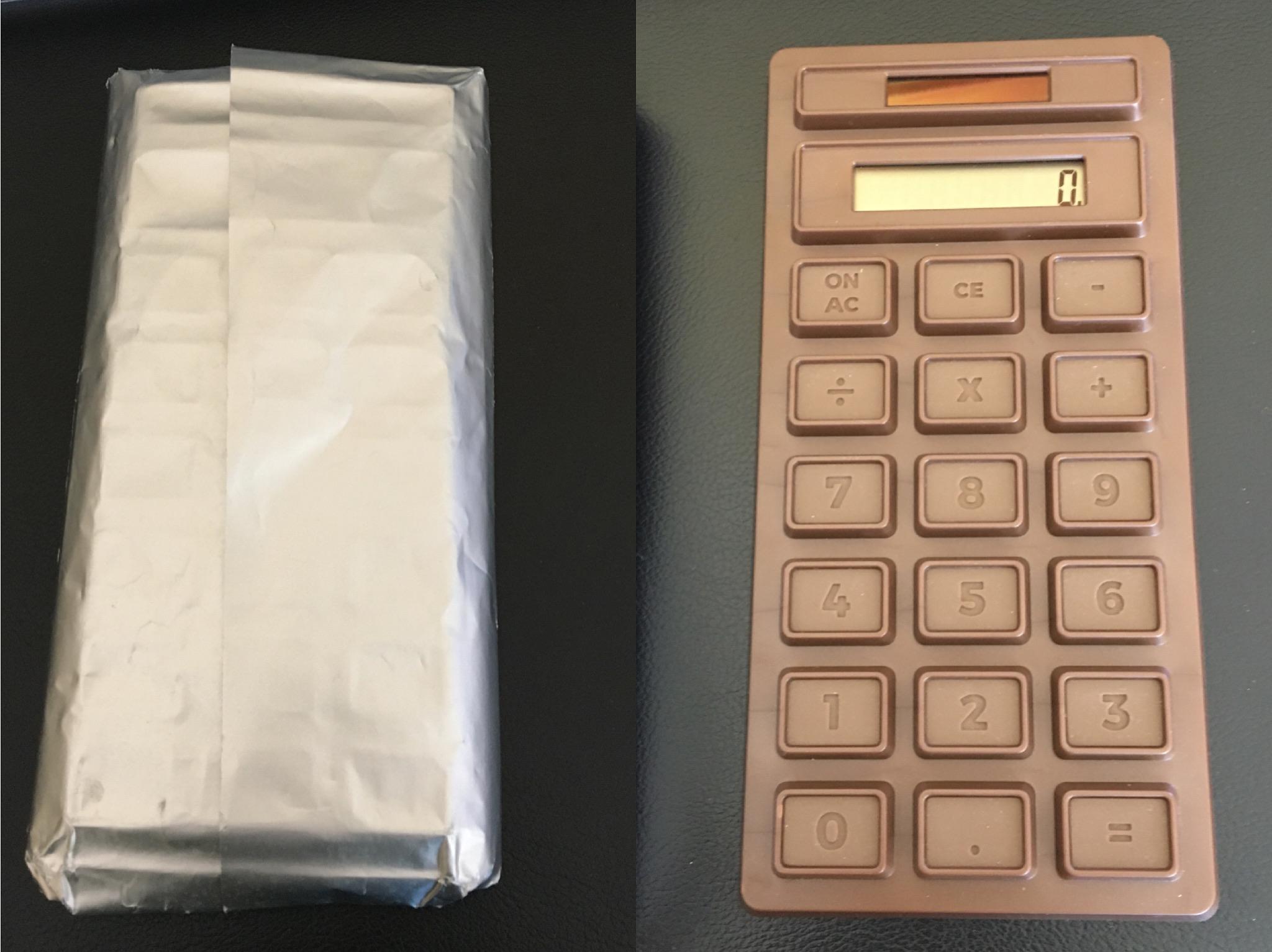A calculator that looks like chocolate, smells like chocolate, and comes in a wrapper, too.