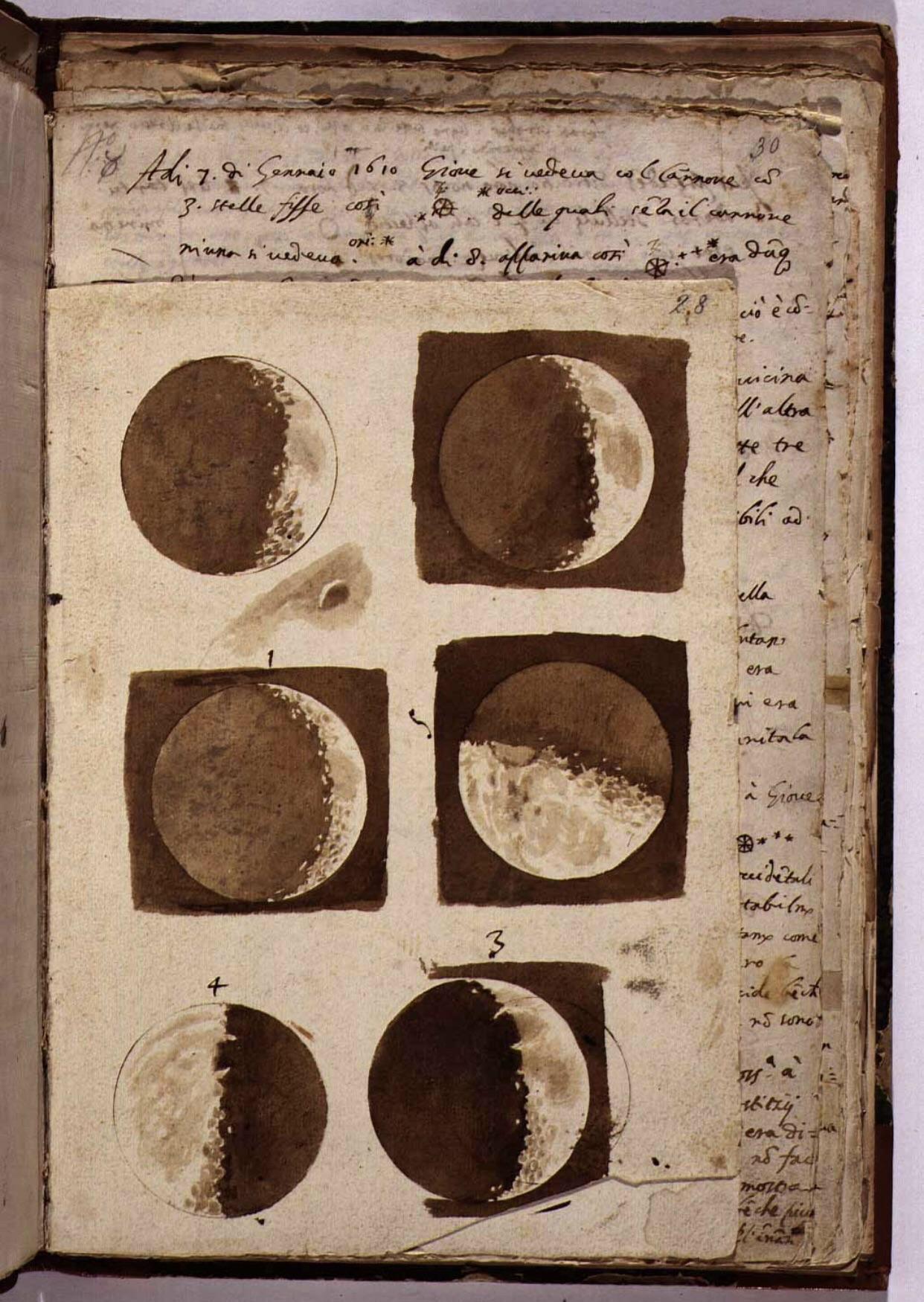 Drawings of the moon by Galileo, circa 1685.