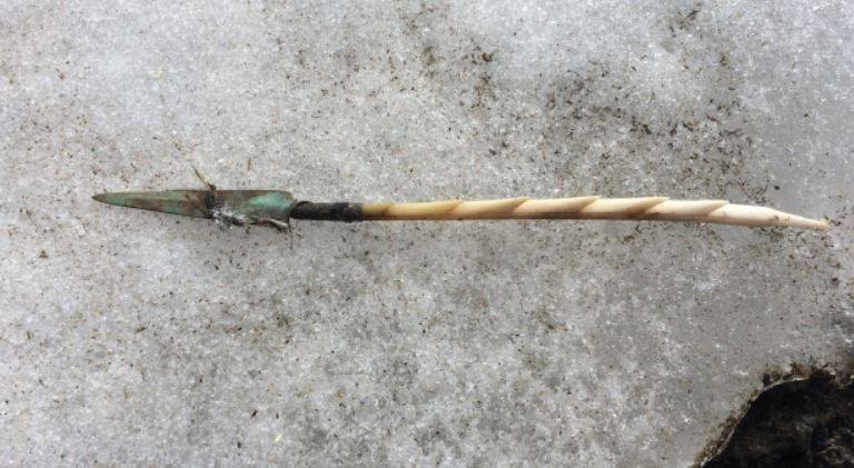 Now that glaciers are melting archaeologists are finding interesting things where the ice is receding. This 1000 year old barbed antler arrow was found in Canada.