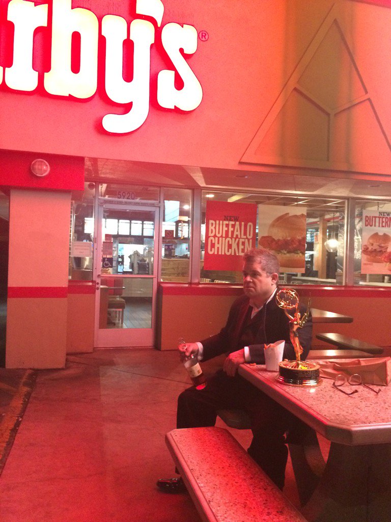 Patton Oswalt celebrating his Emmy Award alone in 2016, his wife had passed away earlier that year. 