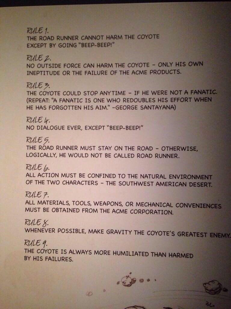 Cartoonist rules for Wile E. Coyote and the Roadrunner, by Chuck Jones
