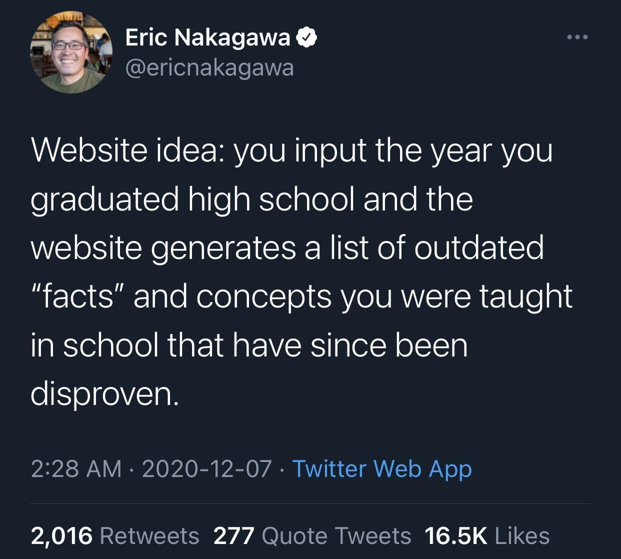 tweet about a website idea to search facts from when you were in high school based on specific years