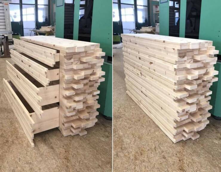 a dresser made to look like a pile of stacked lumber