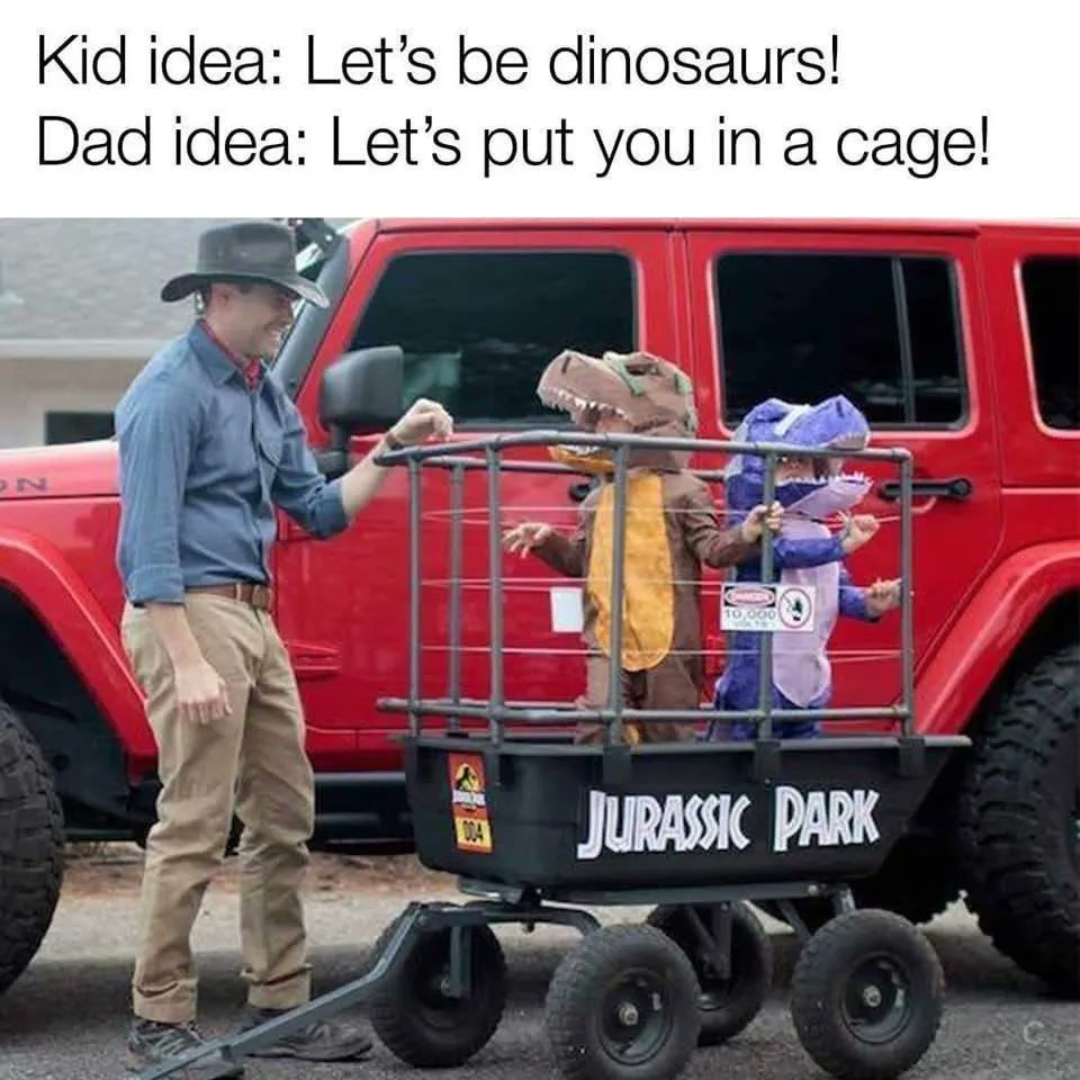 dad at the store with kids dressed as dinosaurs