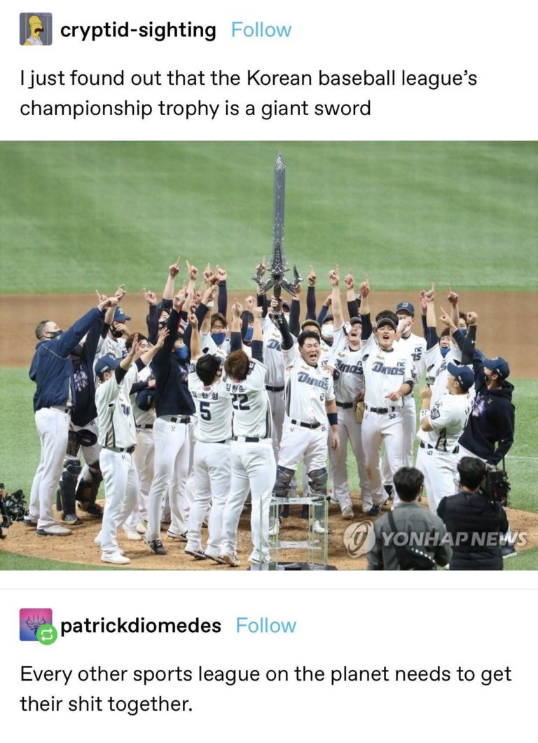 the korean baseball league's championship trophy is a giant freaking