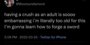 too old to be getting crushes on people, gonna forge some swords instead