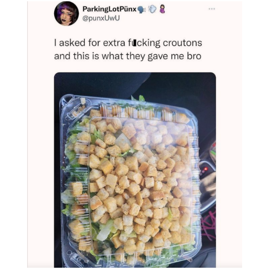image of a salad with extra croutons