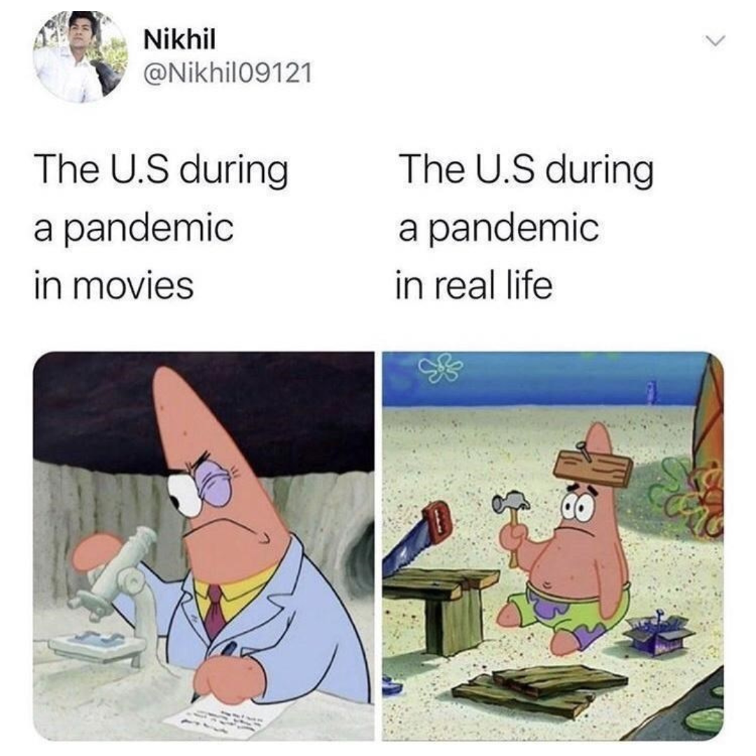 image comparing us response to pandemics in movies vs in real life